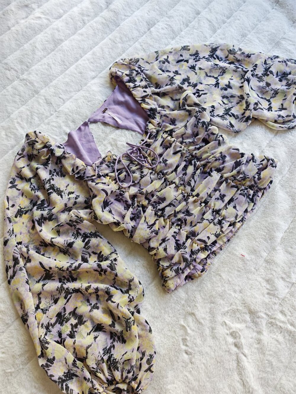 Free People Floral Ruched Blouse Top Puff Sleeve Tie Front Cottagecore Boho Roma - Picture 9 of 13